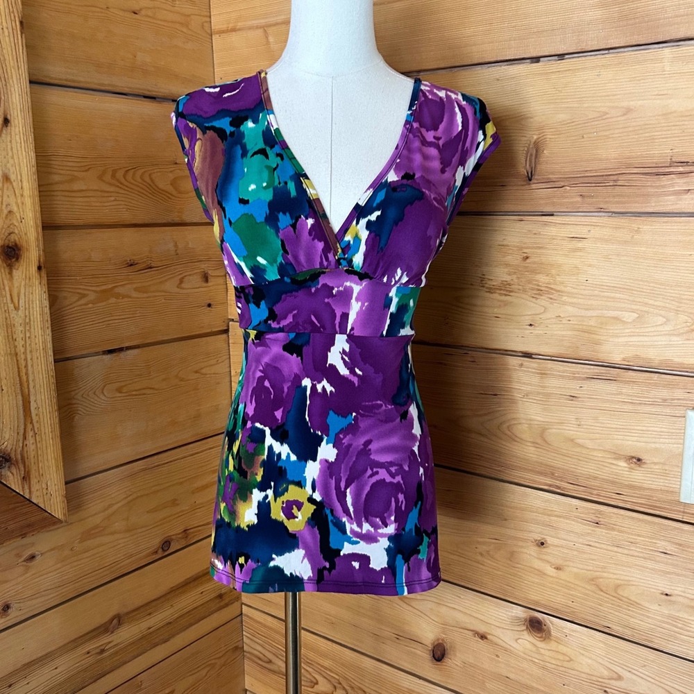 Vintage Tunic Top Womens Small Purple Abstract Floral Empire Waist Suzy Shier